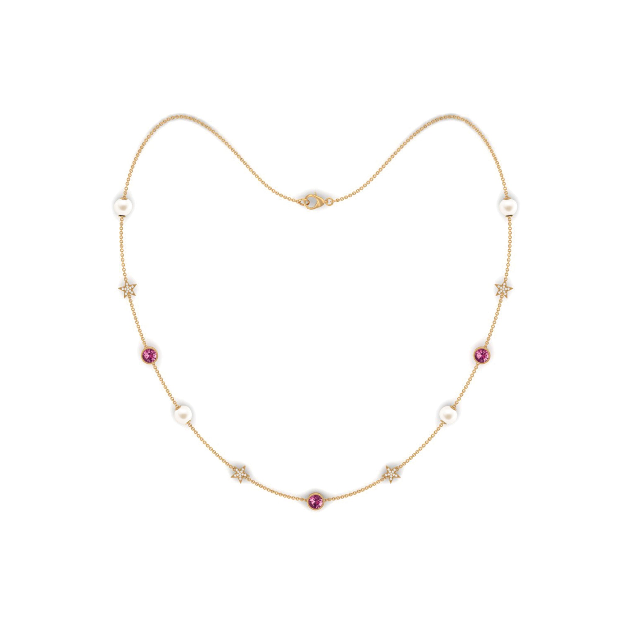 Freshwater Pearl Station Chain Necklace with Tourmaline and Diamond Freshwater Pearl-AAA Quality - Arisha Jewels