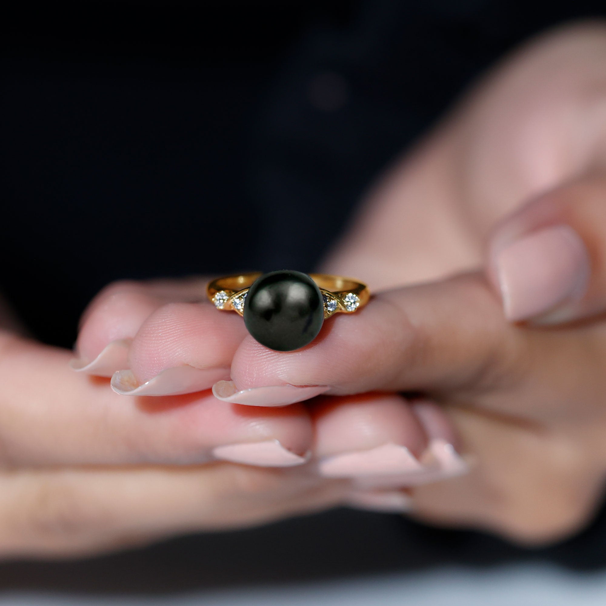 9 MM Pearl Solitaire Ring with Diamond Tahitian pearl-AAAA Quality - Arisha Jewels