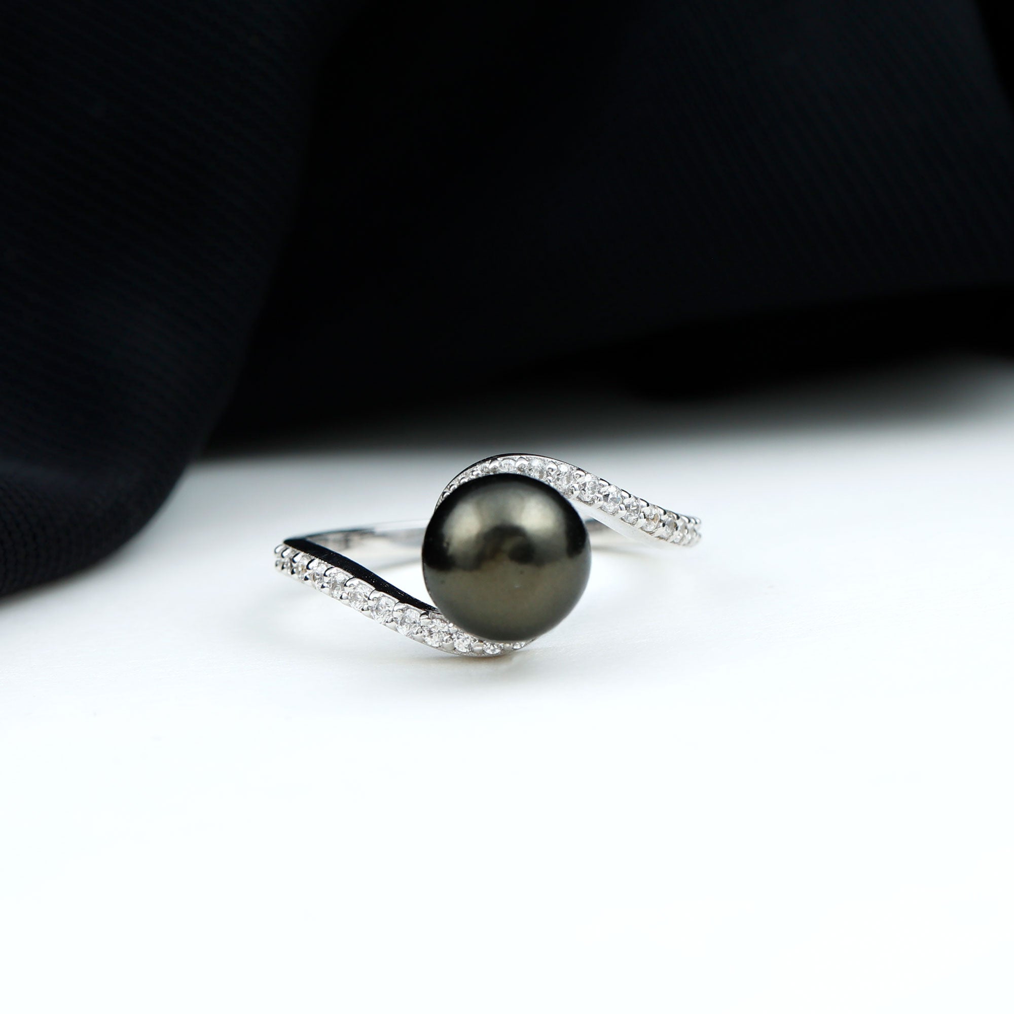 Black Pearl Solitaire Bypass Ring with Diamond Tahitian pearl-AAAA Quality - Arisha Jewels