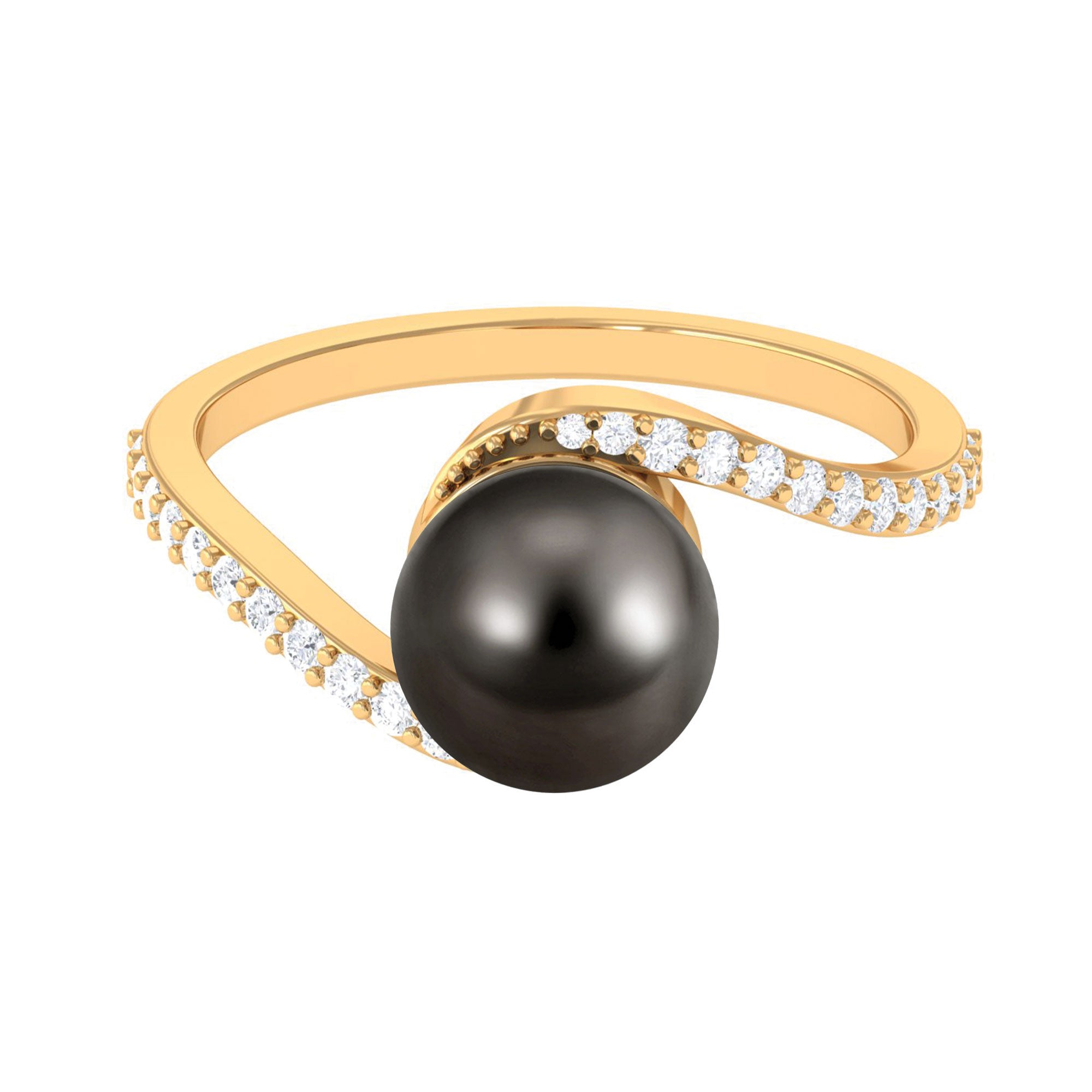Black Pearl Solitaire Bypass Ring with Diamond Tahitian pearl-AAAA Quality - Arisha Jewels