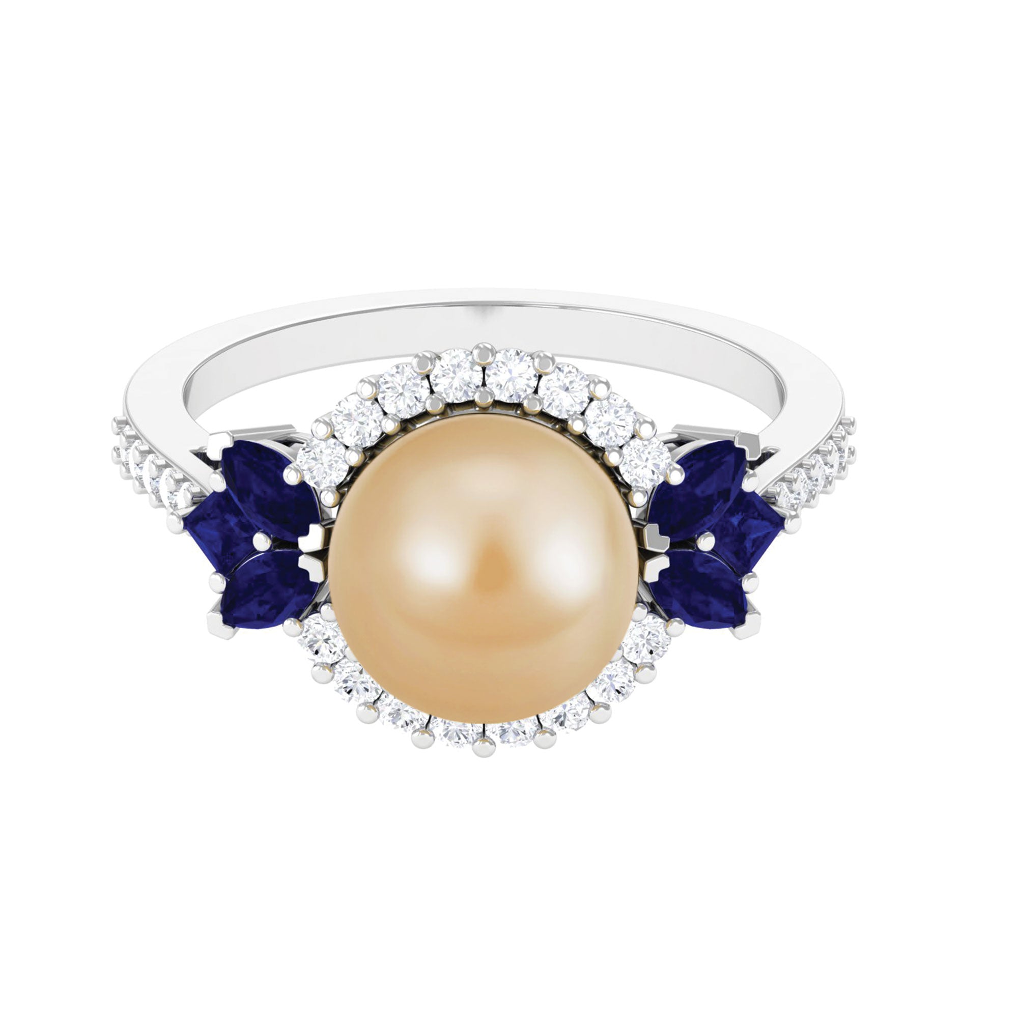 Golden Pearl Cocktail Halo Ring with Sapphire and Diamond South Sea Pearl-AAAA Quality - Arisha Jewels