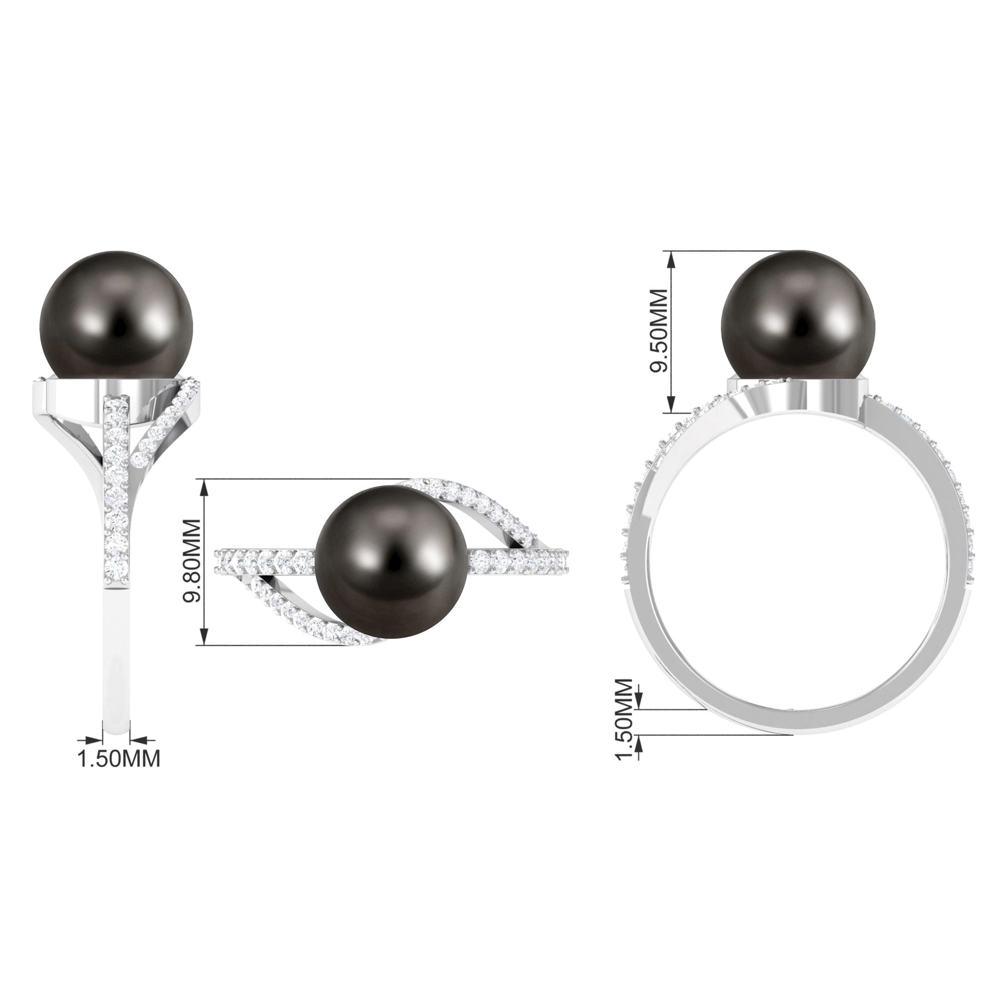 Elegant Black Pearl Solitaire Ring with Diamond Side Stones Tahitian pearl-AAAA Quality - Arisha Jewels