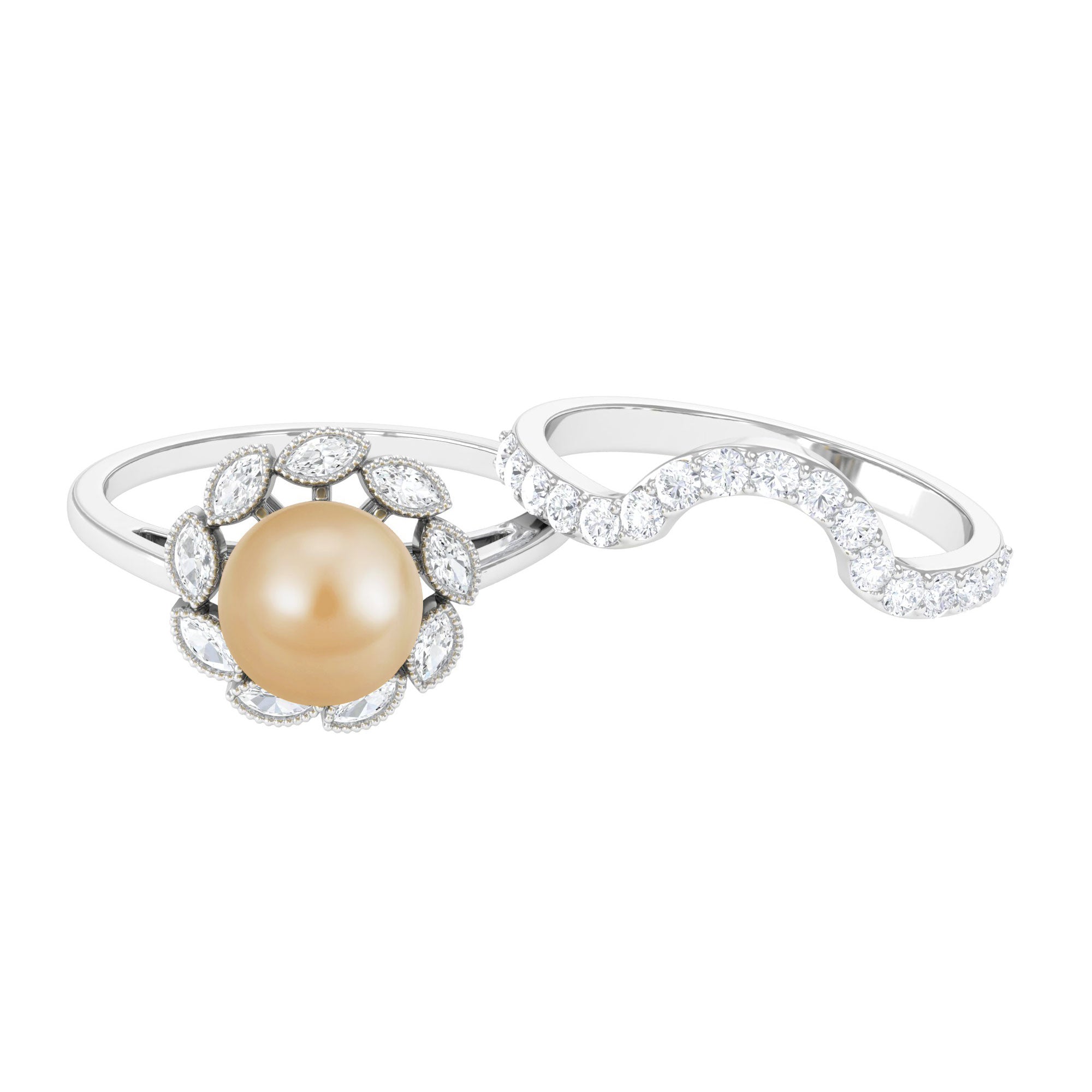 Golden Pearl Floral Bridal Ring Set with Diamond South Sea Pearl-AAAA Quality - Arisha Jewels