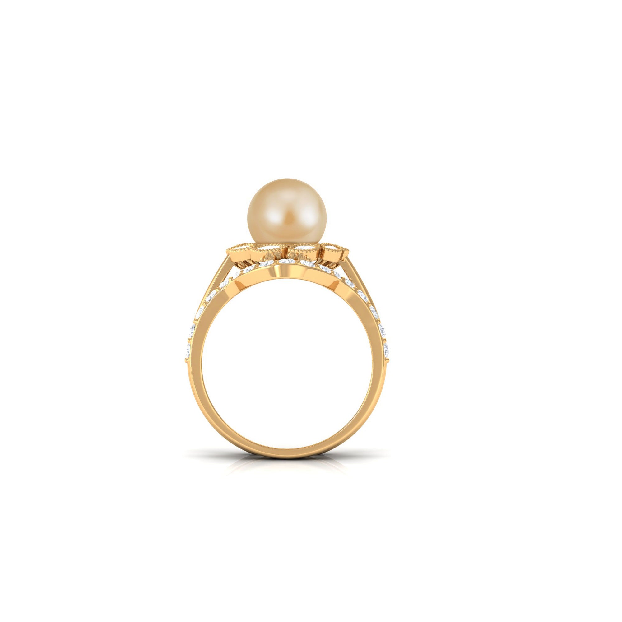 Golden Pearl Floral Bridal Ring Set with Diamond South Sea Pearl-AAAA Quality - Arisha Jewels