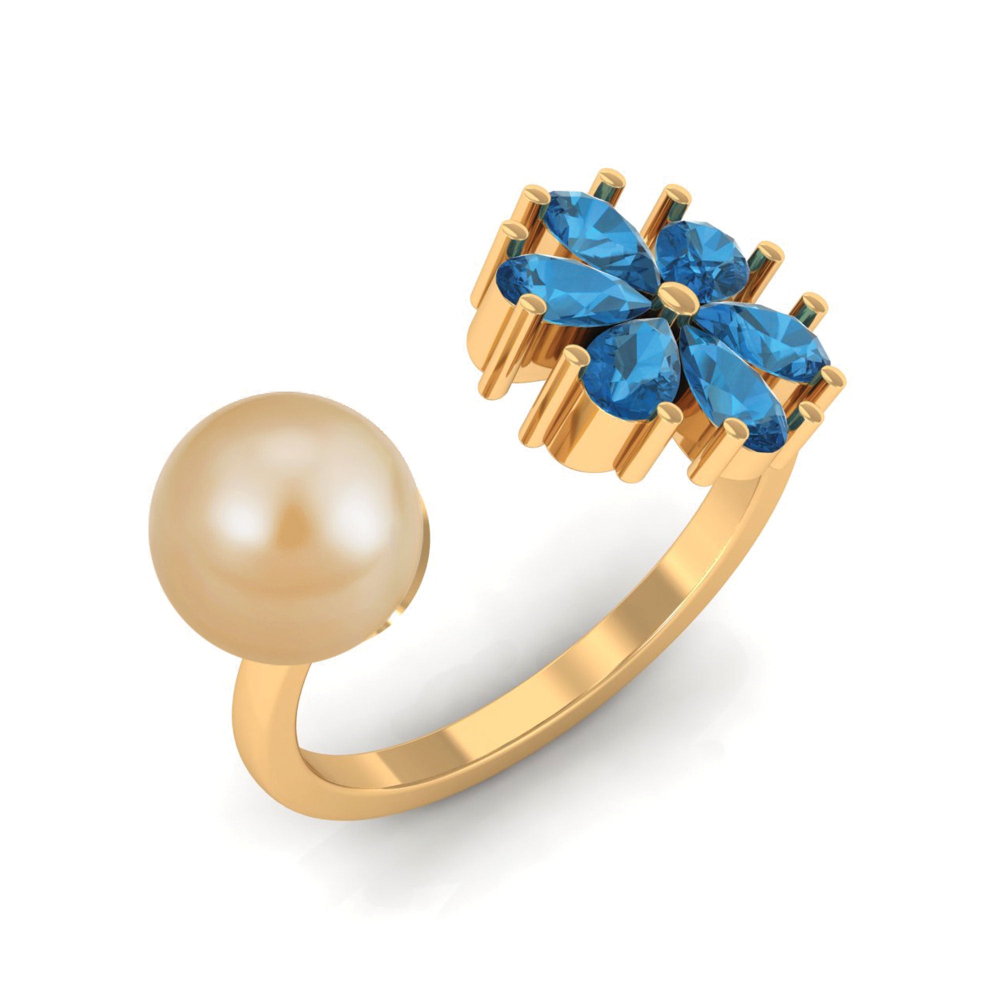 Nature Inspired South Sea Pearl Cuff Ring with Blue Topaz Flower South Sea Pearl-AAAA Quality - Arisha Jewels