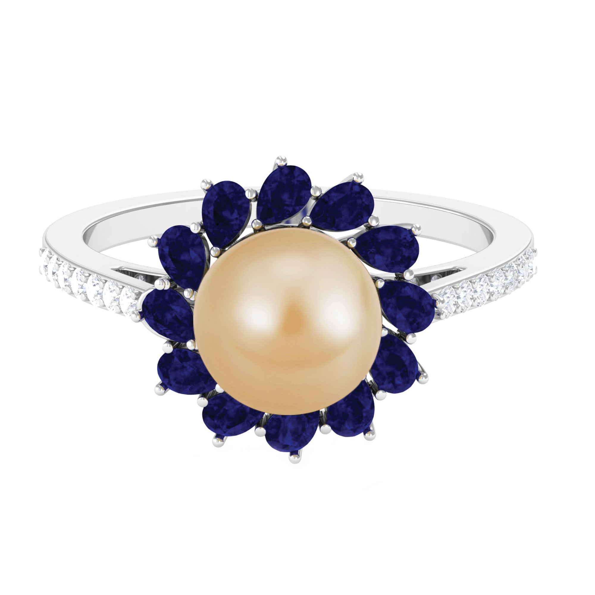 Golden South Sea Pearl Cocktail Halo Ring with Blue Sapphire South Sea Pearl-AAAA Quality - Arisha Jewels