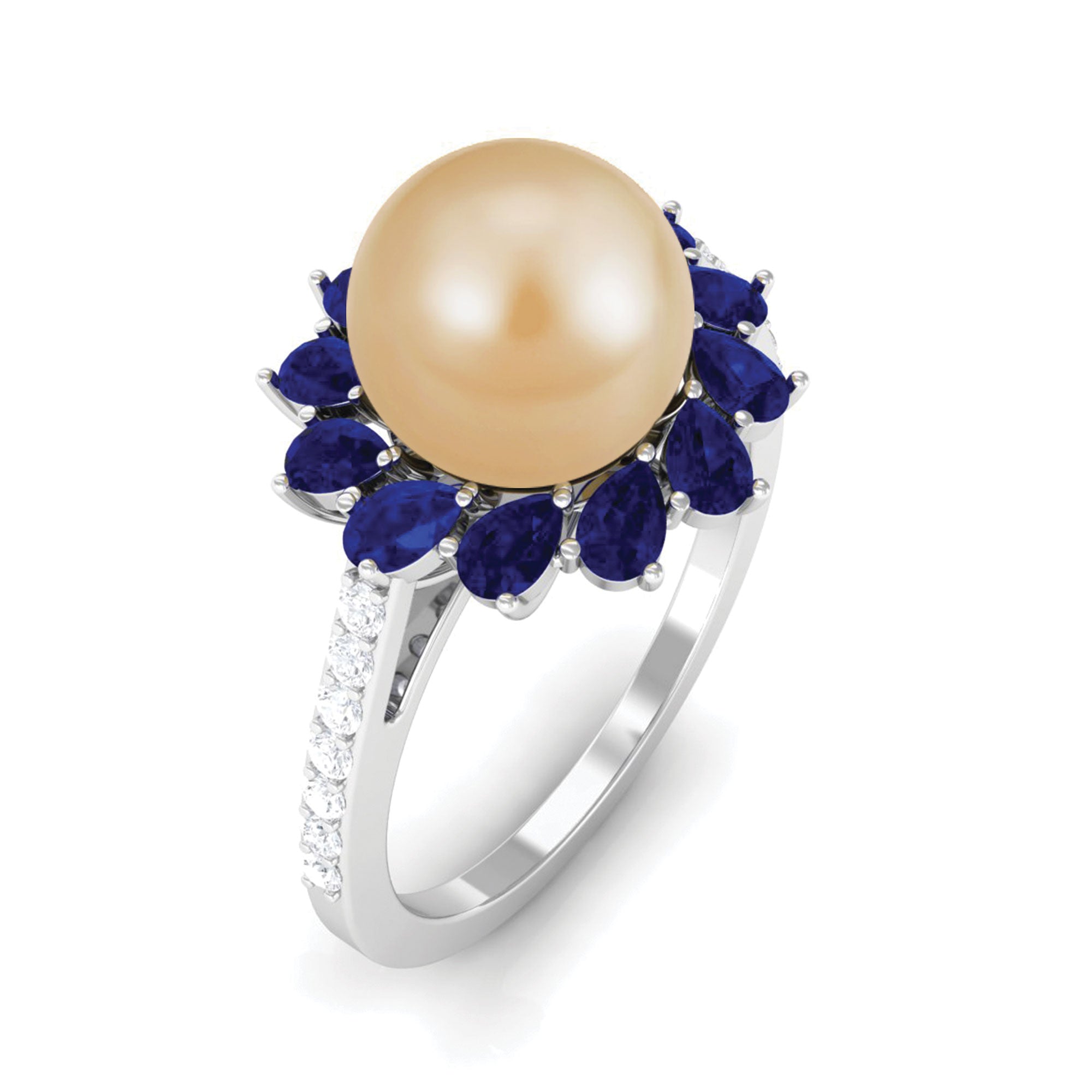 Golden South Sea Pearl Cocktail Halo Ring with Blue Sapphire South Sea Pearl-AAAA Quality - Arisha Jewels