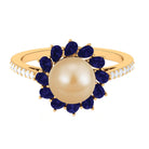 Golden South Sea Pearl Cocktail Halo Ring with Blue Sapphire South Sea Pearl-AAAA Quality - Arisha Jewels