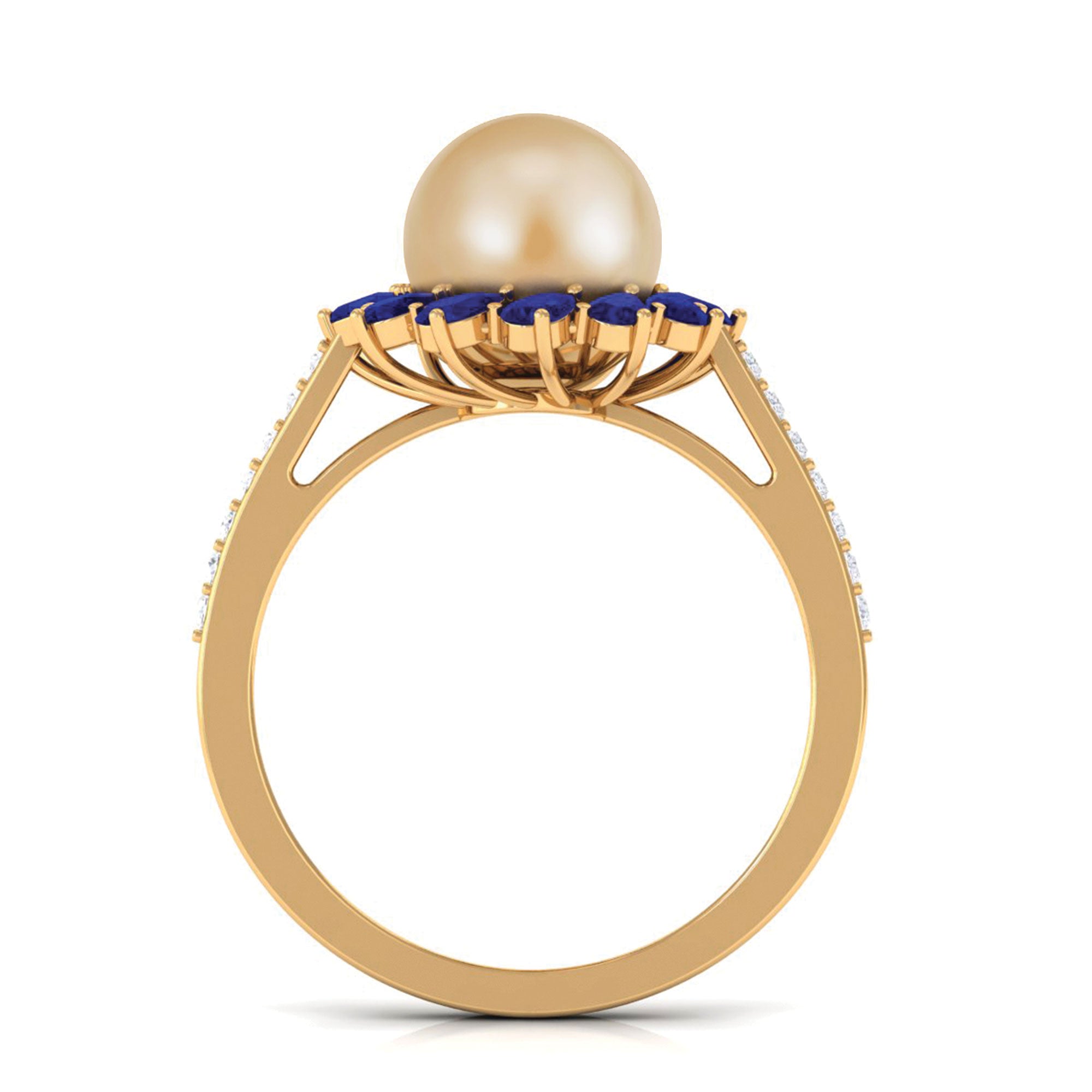 Golden South Sea Pearl Cocktail Halo Ring with Blue Sapphire South Sea Pearl-AAAA Quality - Arisha Jewels