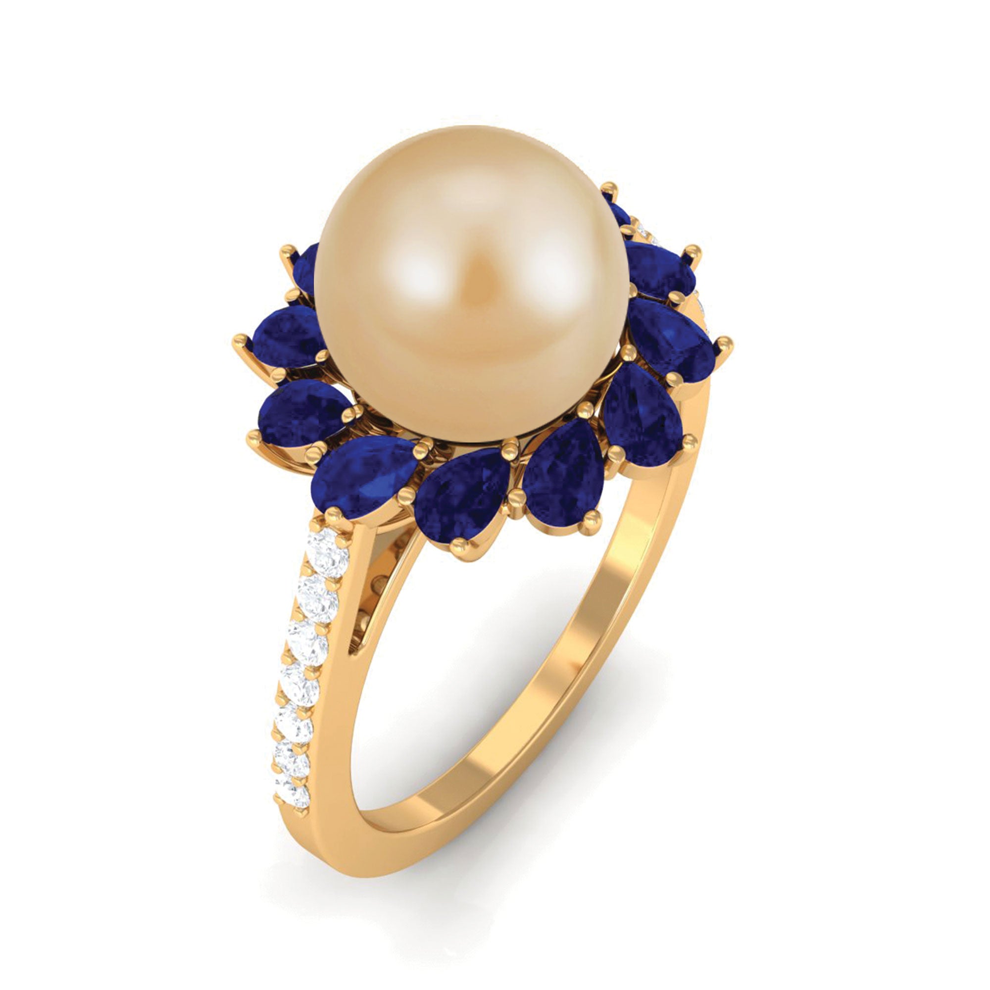 Golden South Sea Pearl Cocktail Halo Ring with Blue Sapphire South Sea Pearl-AAAA Quality - Arisha Jewels