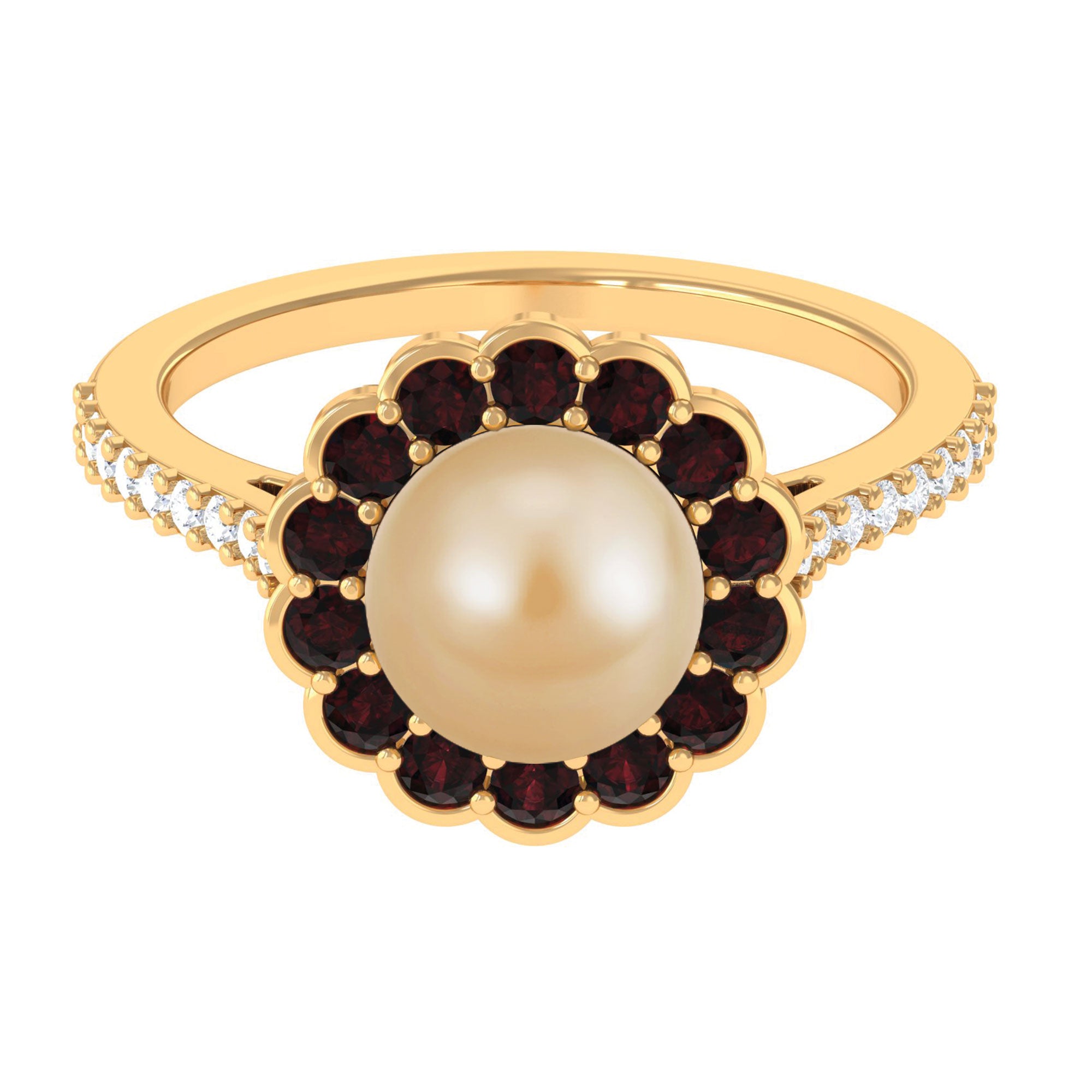 South Sea Pearl Halo Engagement Ring with Garnet and Diamond South Sea Pearl-AAA Quality - Arisha Jewels