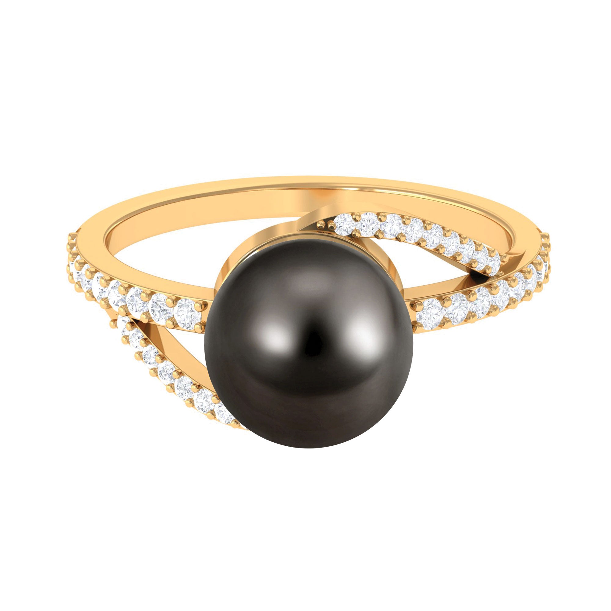 Elegant Black Pearl Solitaire Ring with Diamond Side Stones Tahitian pearl-AAA Quality - Arisha Jewels