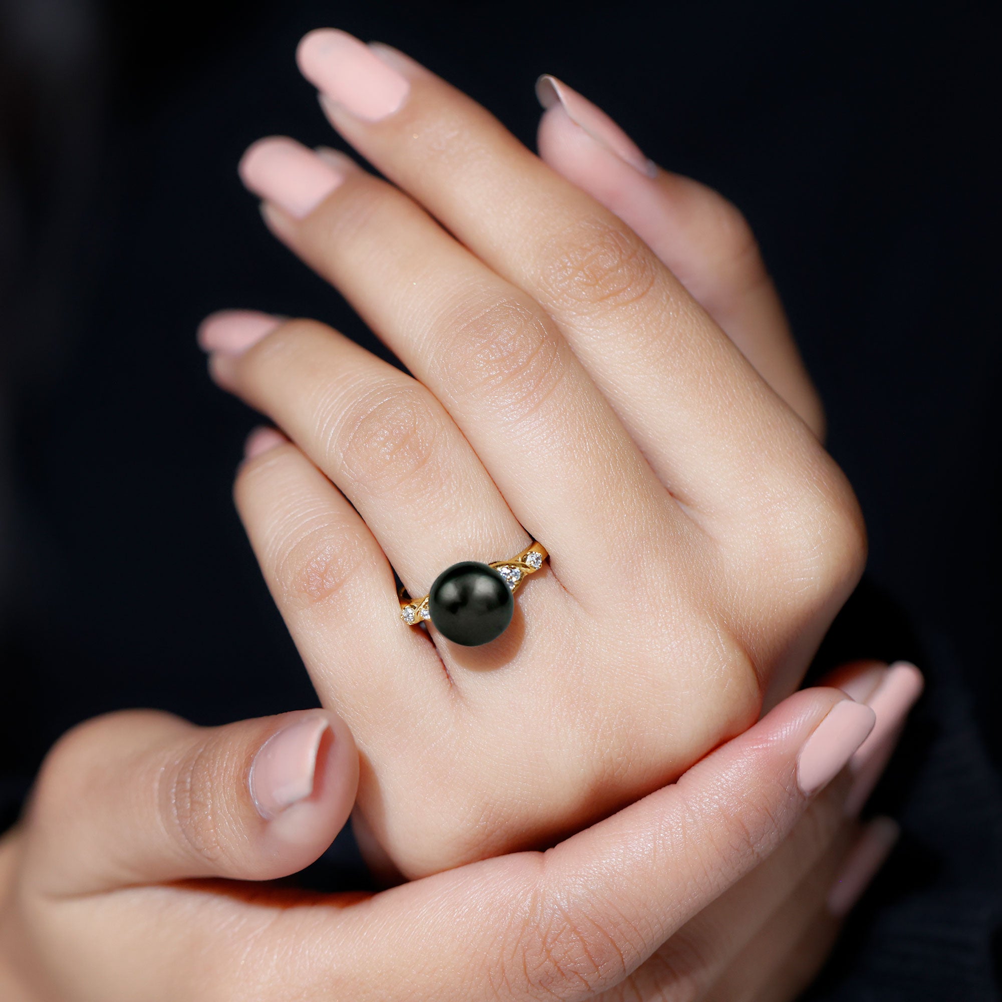 9 MM Pearl Solitaire Ring with Diamond Tahitian pearl-AAA Quality - Arisha Jewels