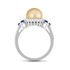 Golden Pearl Cocktail Halo Ring with Sapphire and Diamond South Sea Pearl-AAA Quality - Arisha Jewels