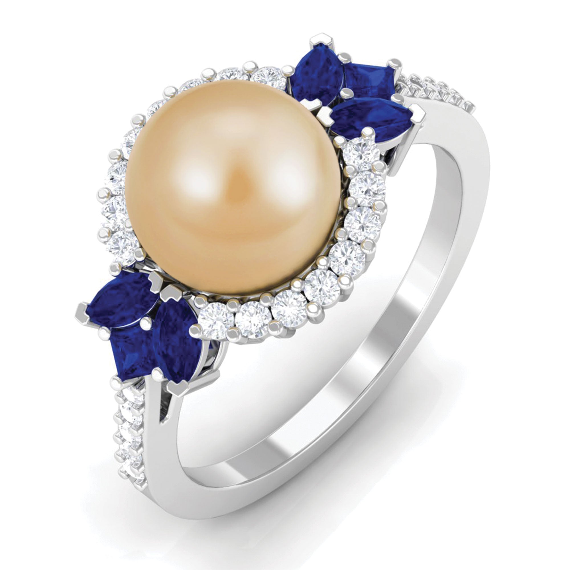 Golden Pearl Cocktail Halo Ring with Sapphire and Diamond South Sea Pearl-AAA Quality - Arisha Jewels