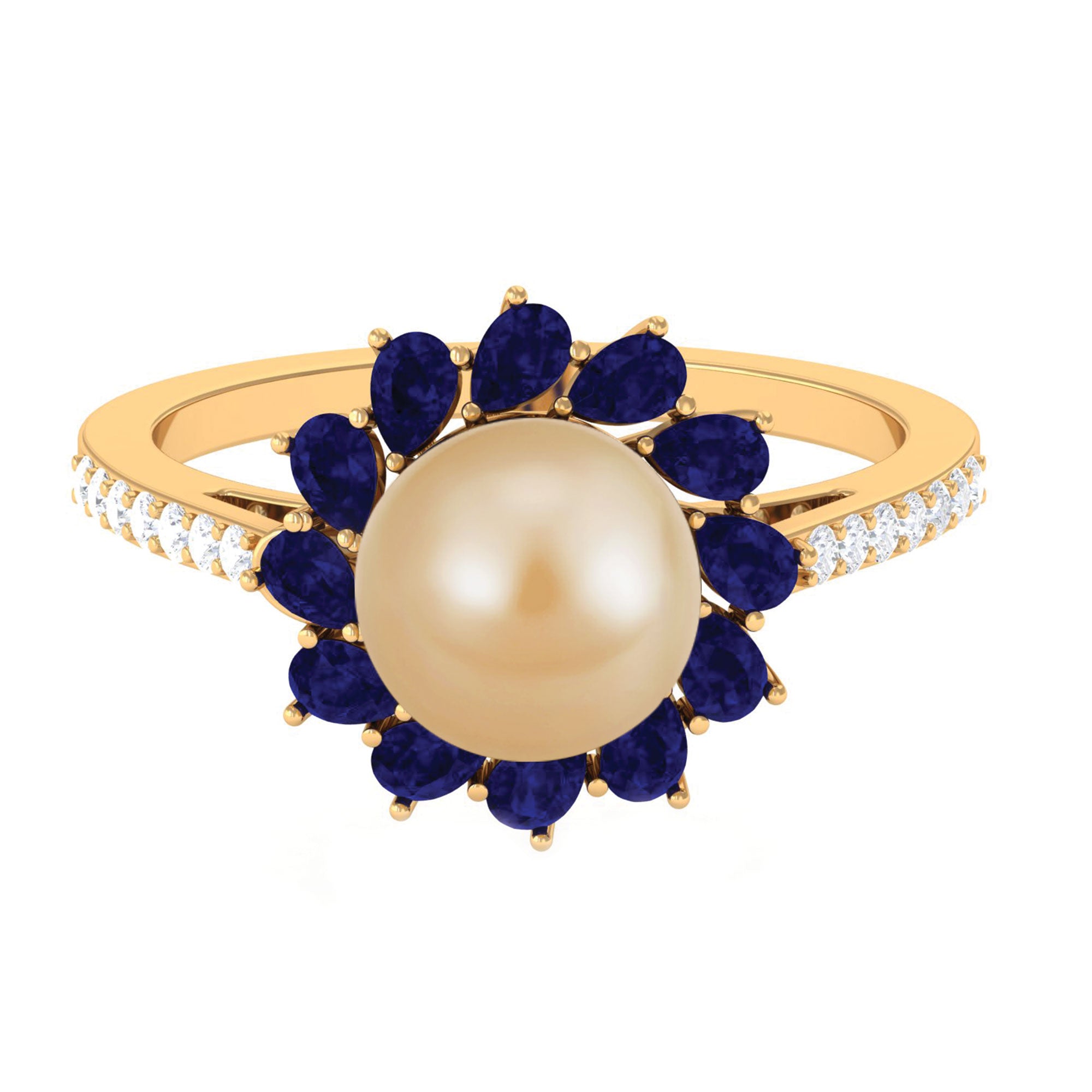 Golden South Sea Pearl Cocktail Halo Ring with Blue Sapphire South Sea Pearl-AAA Quality - Arisha Jewels