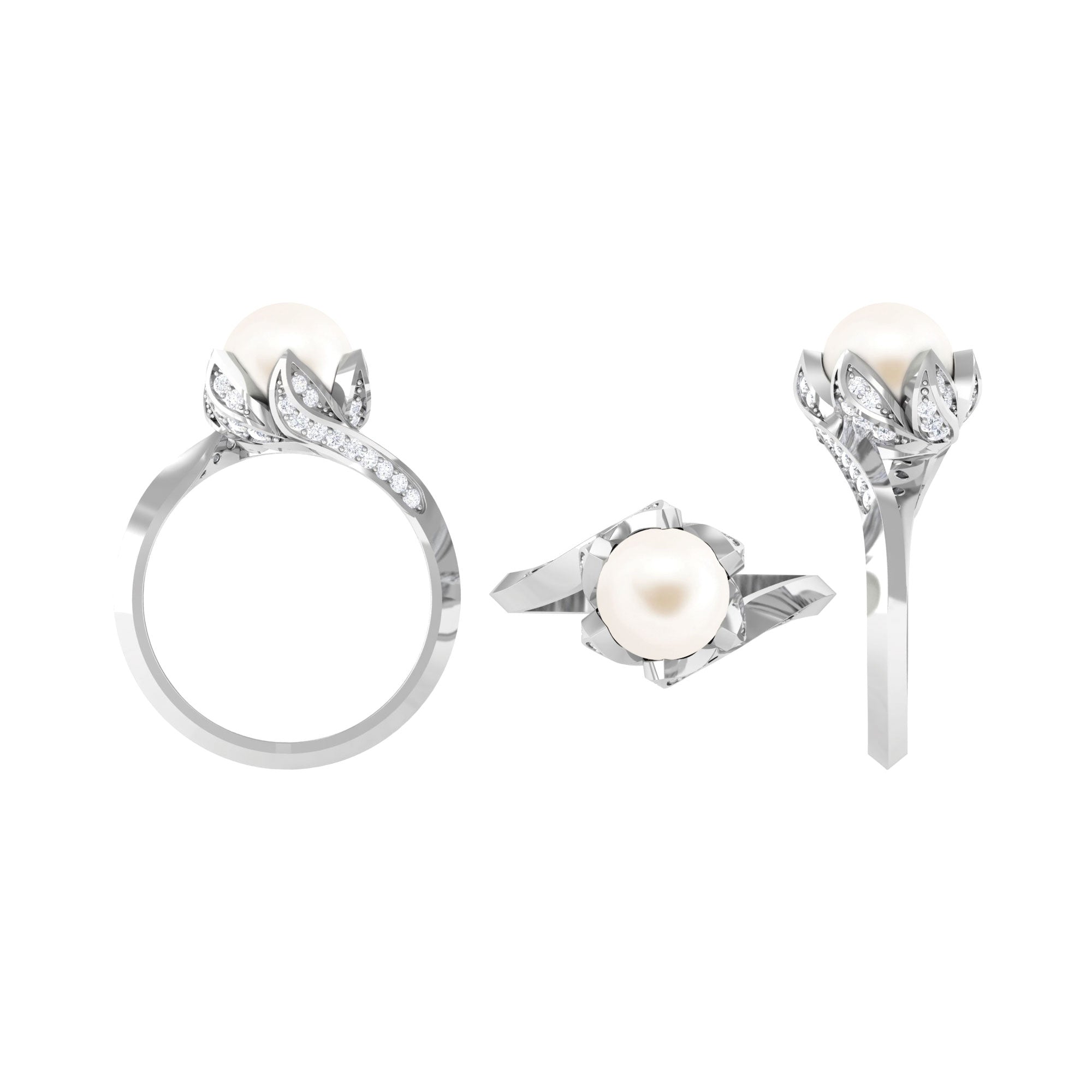 Arisha Jewels-Floral Inspired Freshwater Pearl Solitaire Bypass Ring with Diamond