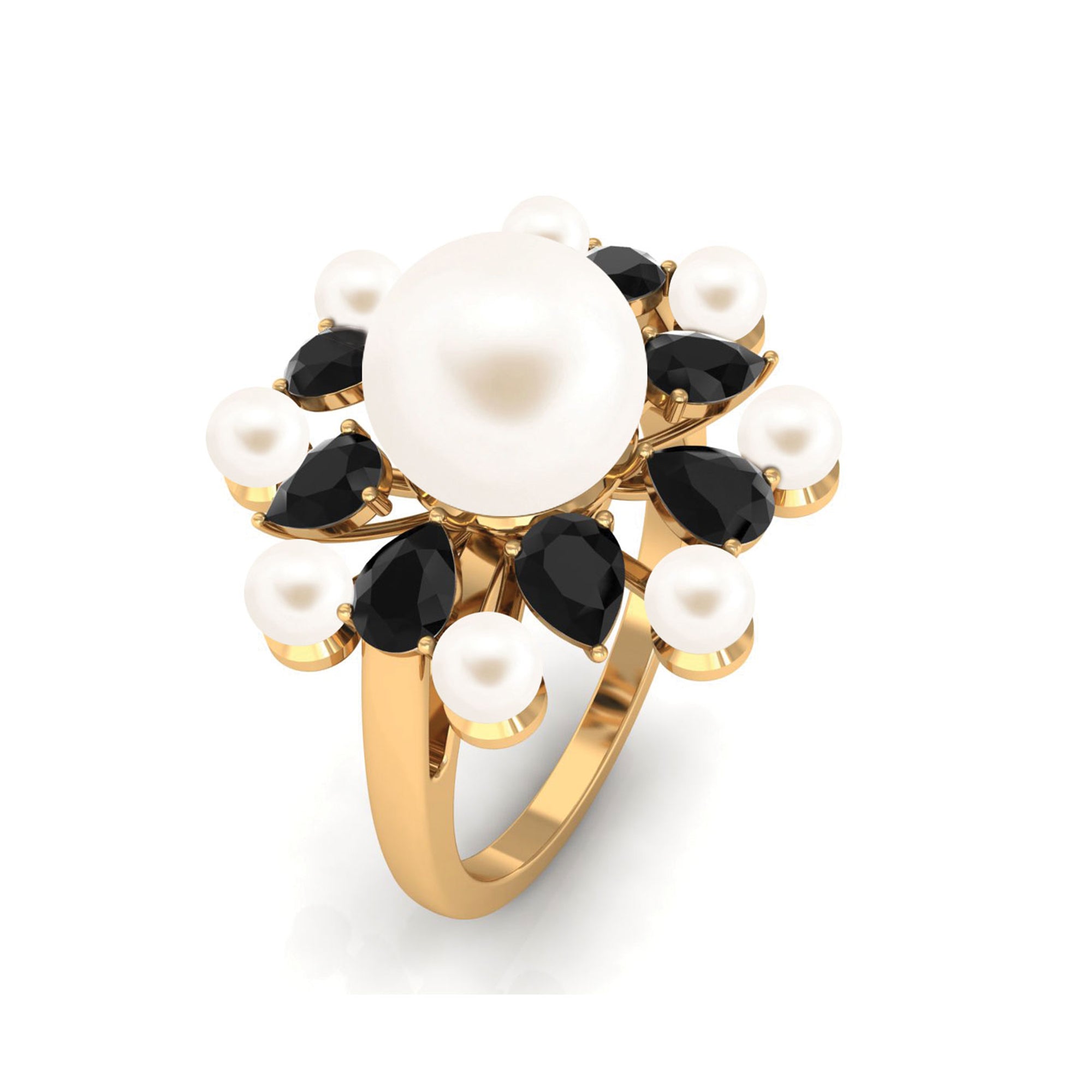 White Cultured Pearl Cocktail Ring with Black Onyx Freshwater Pearl-AAA Quality - Arisha Jewels