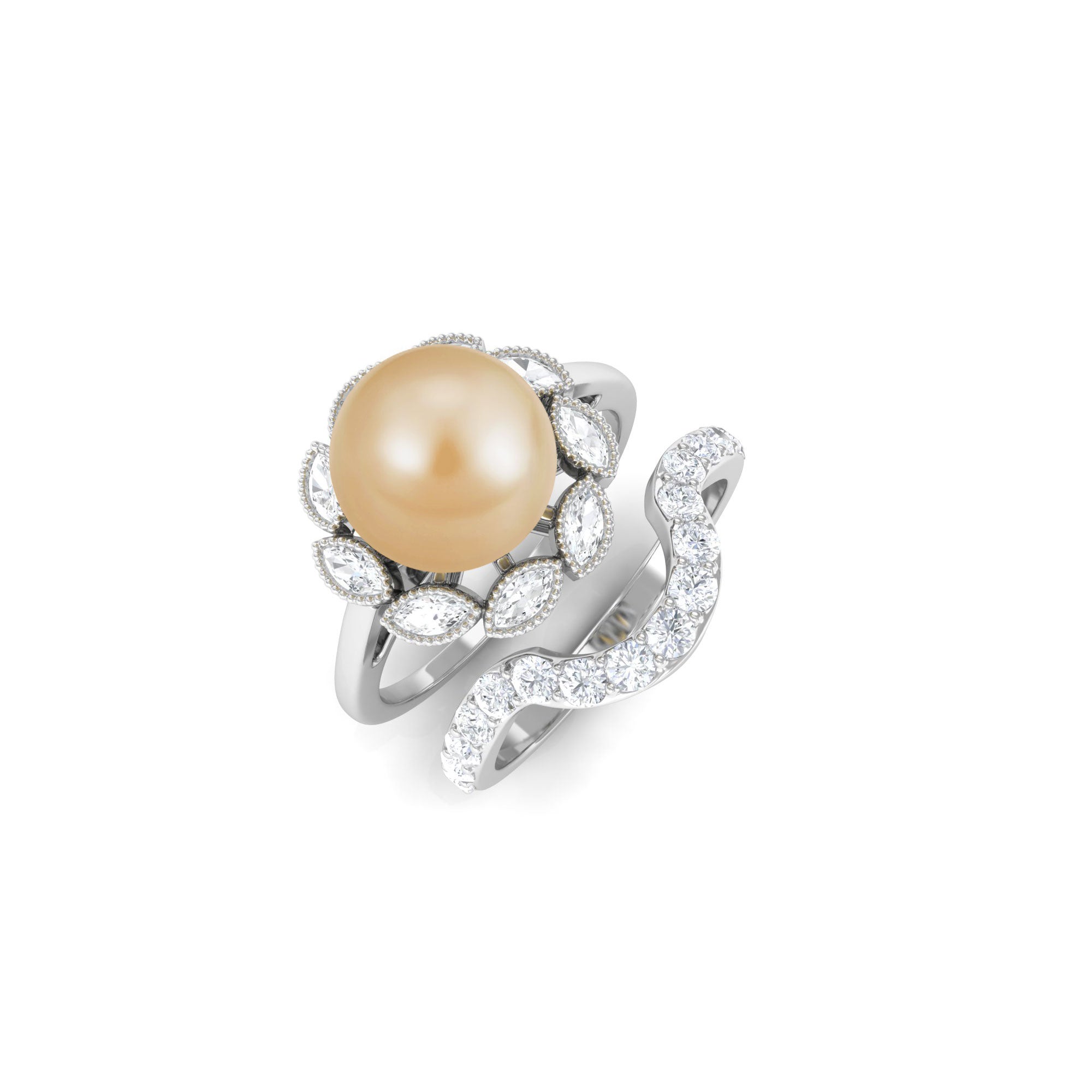 Golden Pearl Floral Bridal Ring Set with Diamond South Sea Pearl-AAA Quality - Arisha Jewels