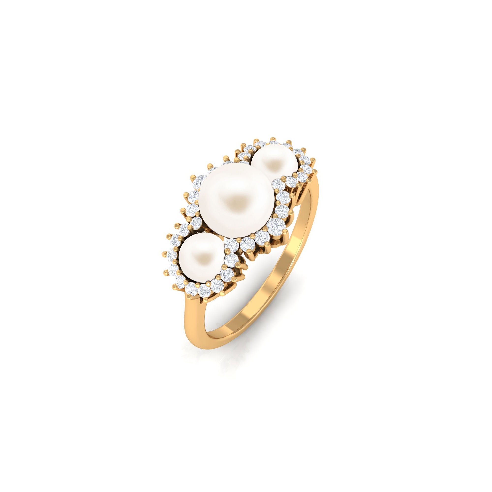 Classic Freshwater Pearl 3 Stone Engagement Ring with Diamond Freshwater Pearl-AAA Quality - Arisha Jewels
